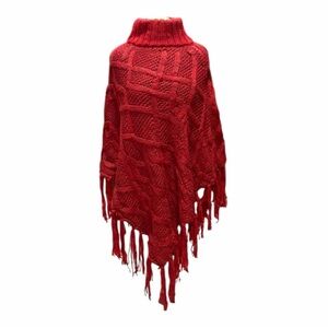 Hand Knit Red Cable Knit Turtleneck Poncho w Fringe